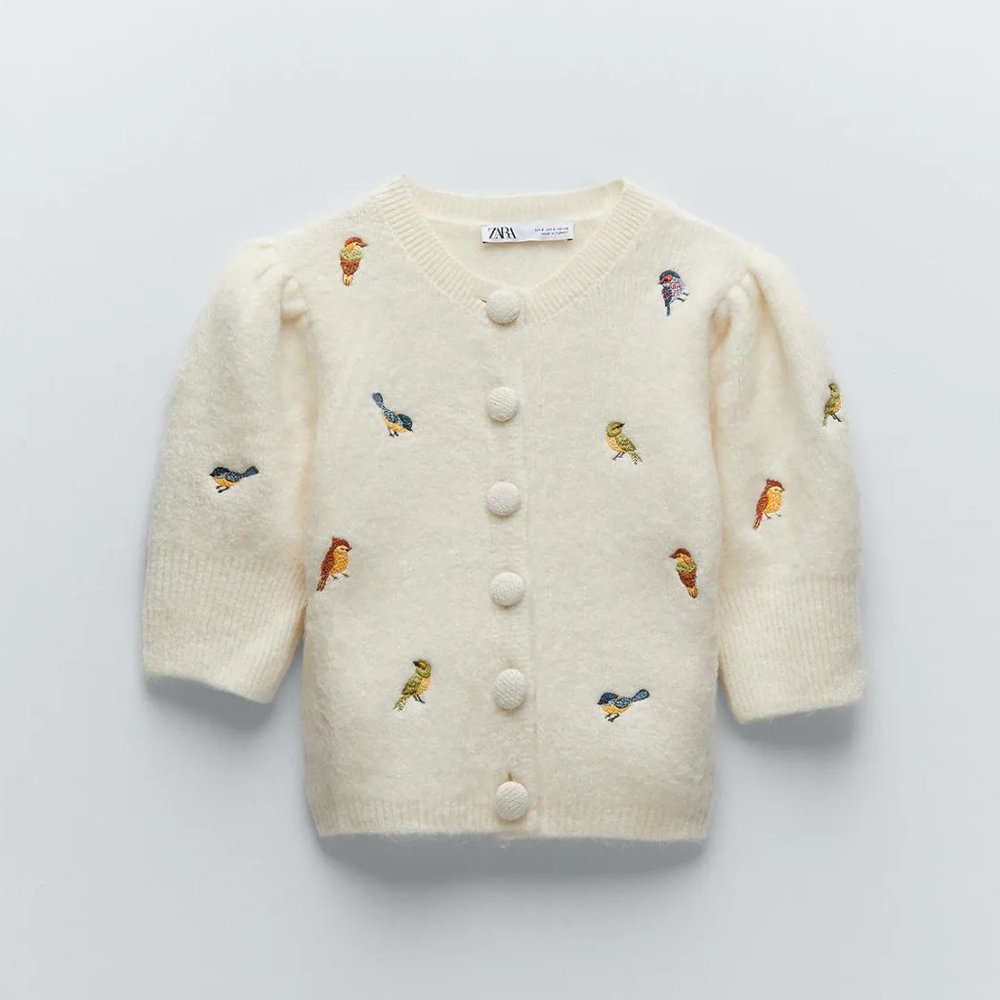 Zara Cream Cardigan with Bird Embroidery